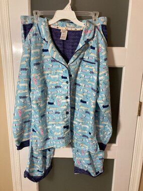 Munki Munki Flannel Pajama SET Blue Dachshund Dog Print Button Up Fleece - XL